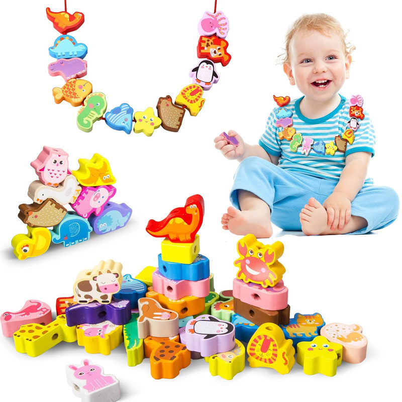 Montessori Educational Wooden Lacing Beads Toys For Toddler 3 4 5 Year Old,
