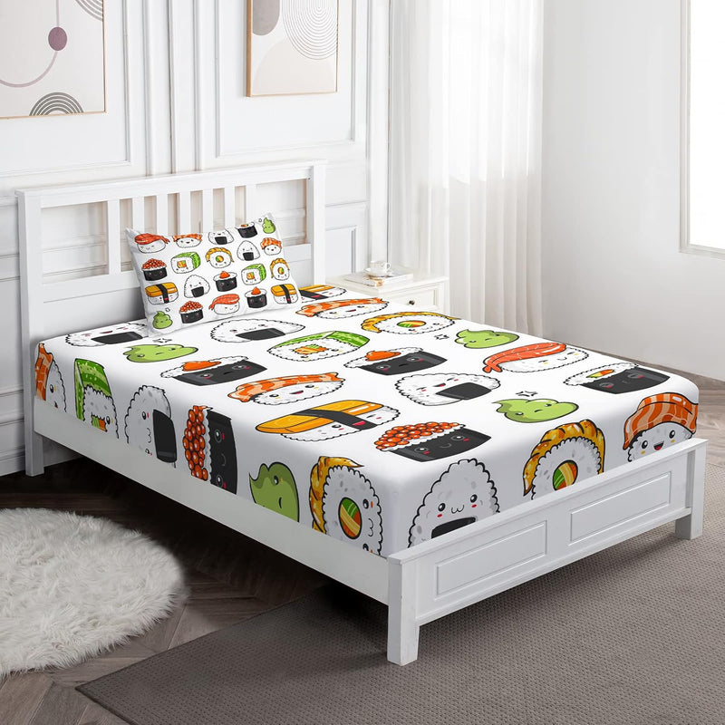 Sushi Pattern Kids Bed Sheet Set, Printed Cute Twin Size Teens Bedroom Decor B