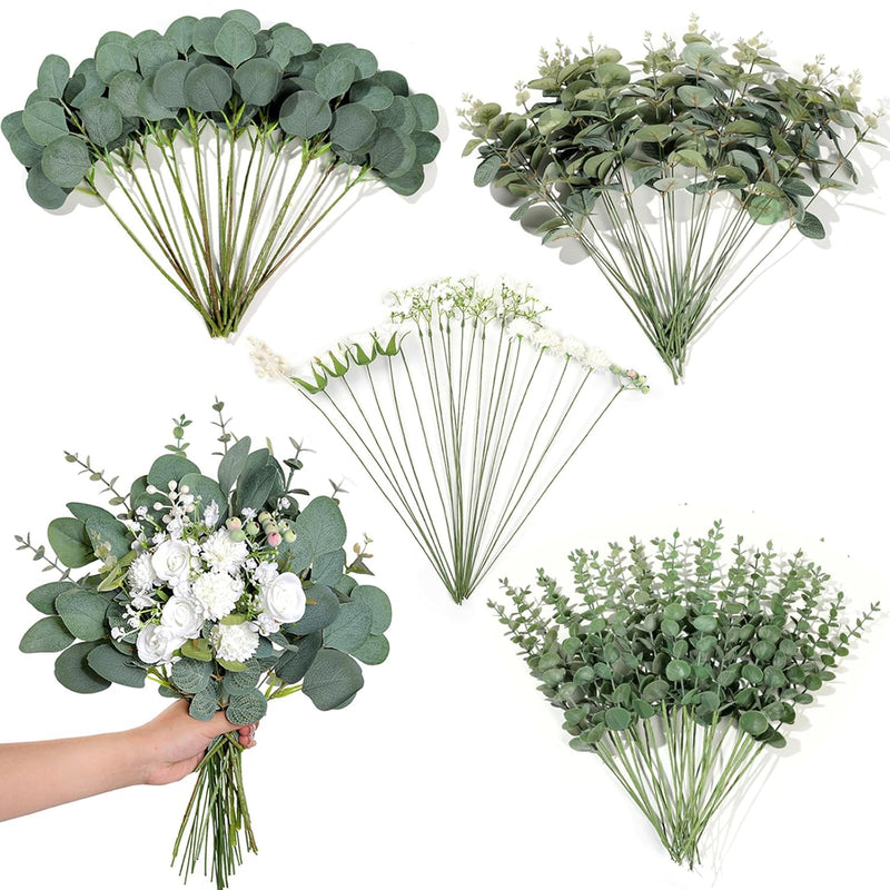 110 Pcs 7 Kinds Mixed Artificial Eucalyptus Stems And Faux Flowers,Fake Silver