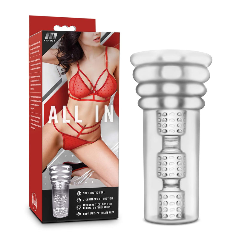 Blush All-In 6" Pussy Male Masturbator Stroker – Self-Lubricating Realistic Mouth & Throat Stroker – 3 Suction Chambers, Soft Open-Ended Textured Masturbation Sleeve – Adult Sex Toy For Men – Clear