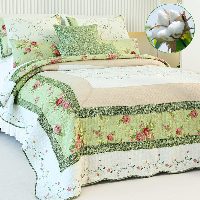 100% Cotton Quilt Queen Size Bedding Set Floral Lightweight Quilt Reversible C
