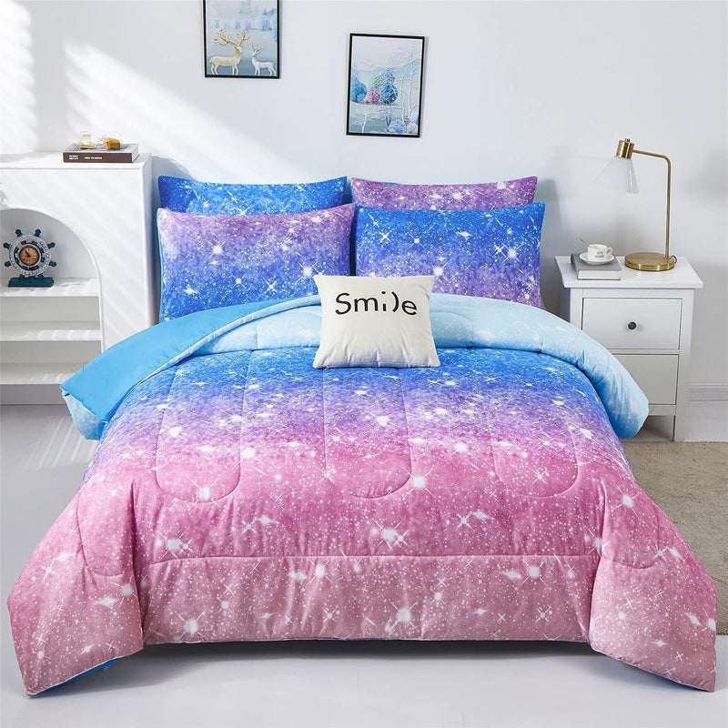 Rainbow Glitter Comforter Set Full/Queen Size For Girls, Sparkle Galaxy Twinkl