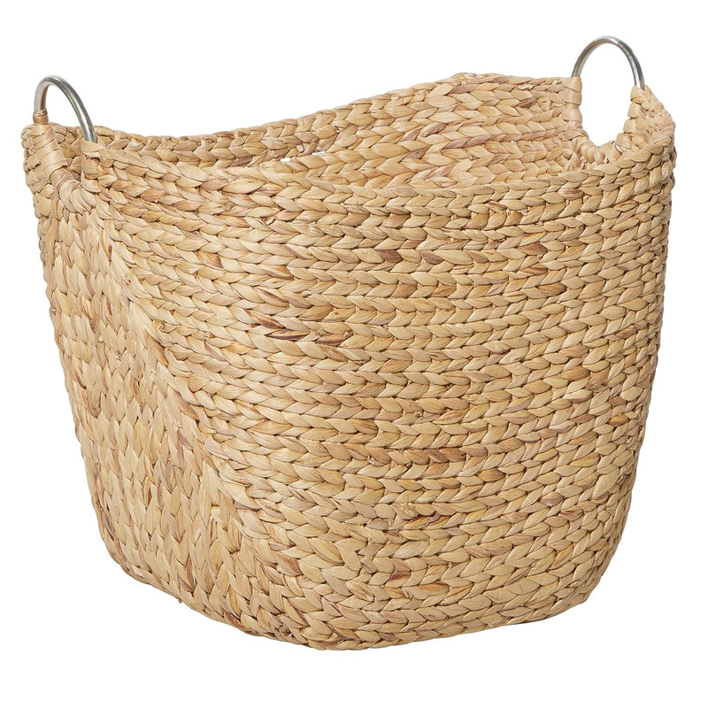 Seagrass Handmade Large Woven Storage Basket With Ring Metal Handles, 21" X 17"