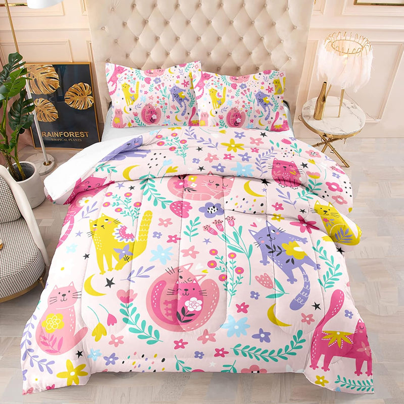 Floral Cat Comforter Full Size,Pink Cat Comforter Set For Kids Teens Girls,3Pc