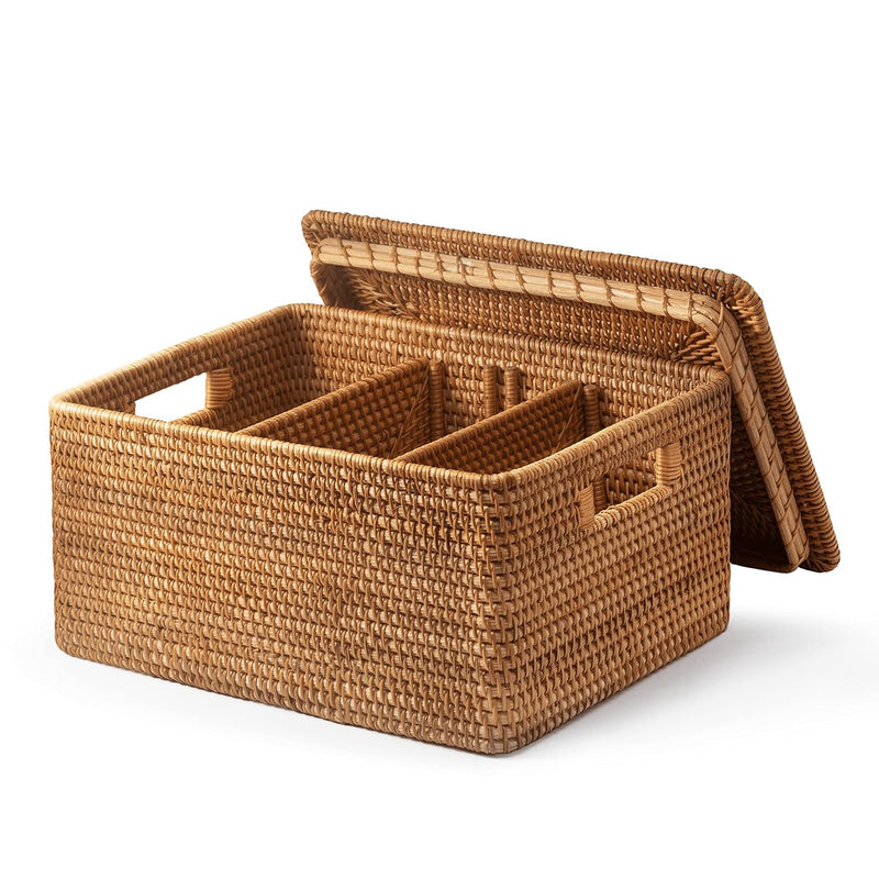 Handwoven Rattan Basket With Lid, Natural Wicker Storage Basket With Detachable