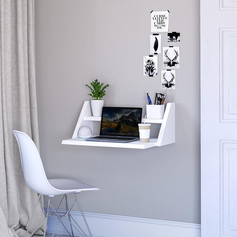 Reversible Wall Desk, White Floating Desk For Wall With Wall Mounted Desk Shel
