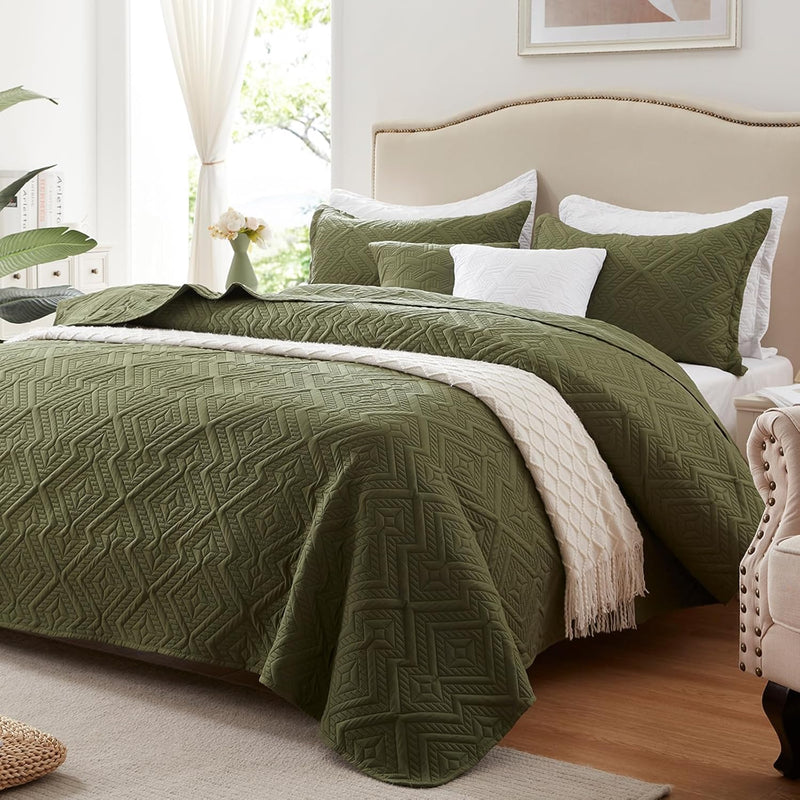 Full/Queen Quilt Set 3 Pieces, Lightweight Olive Green Bedspread-90''X98'', So