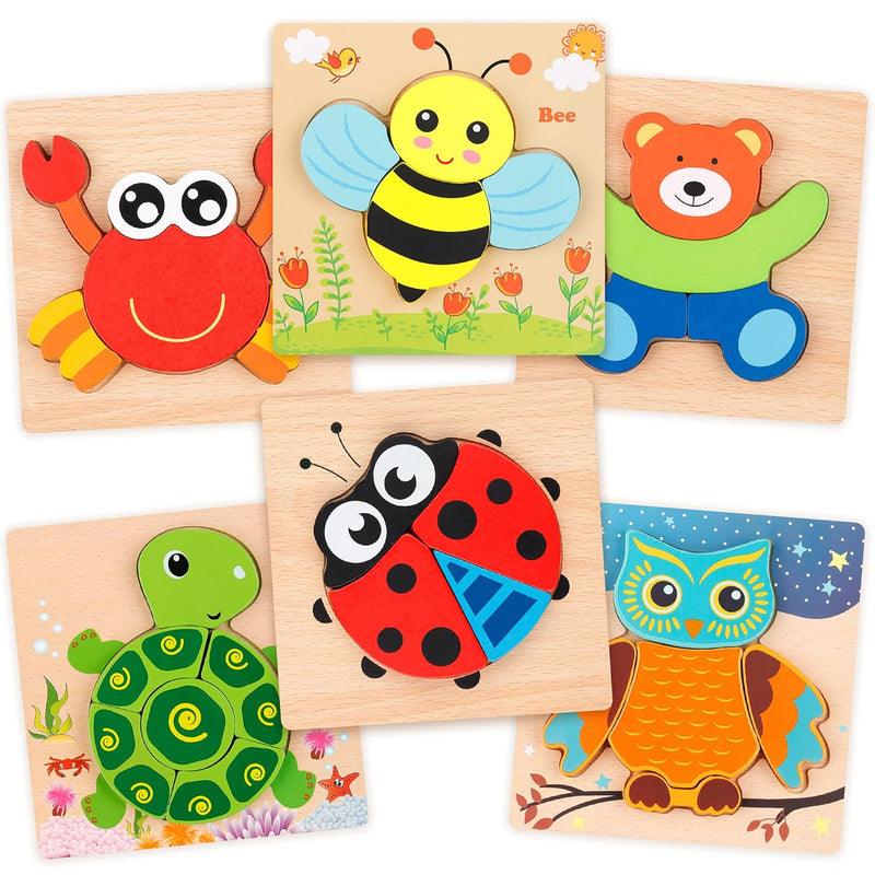 Coogam Wooden Jigsaw Puzzle Set, 6 Pack Animal Shape Color Montessori Toy,