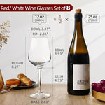 Long Stem Wine Glasses Set of 8, 12oz Clear Red/White for Party, Wedding and Home
