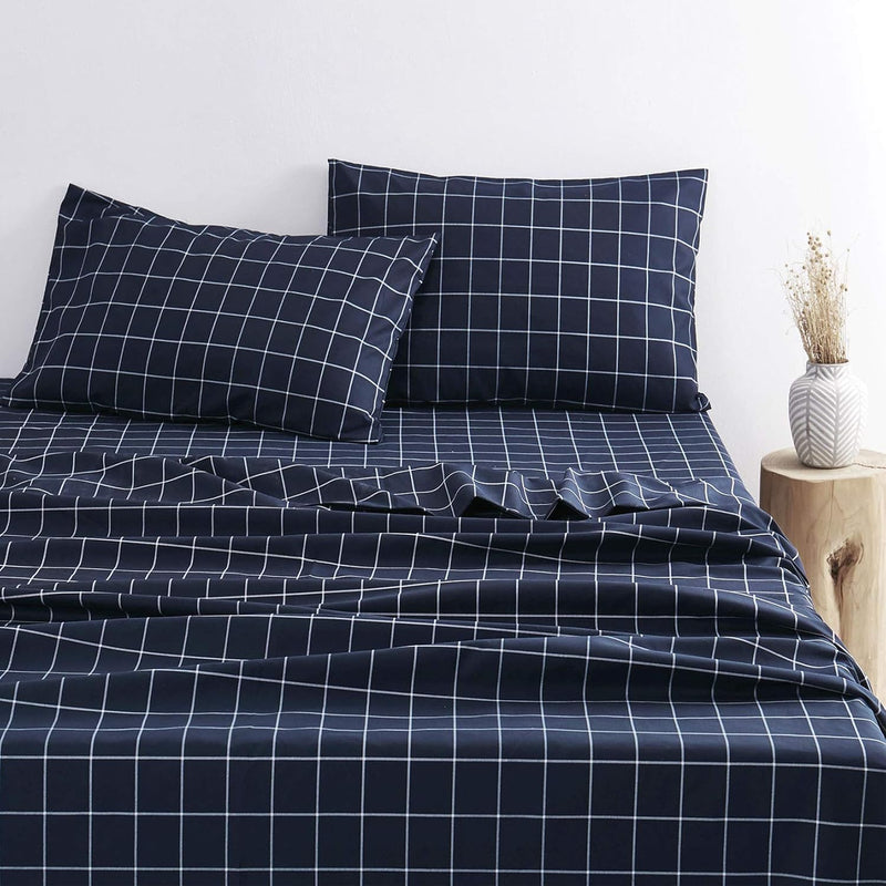 - Navy Blue Sheet Set, White Grid Plaid Geometric Pattern Printed, Soft Microf