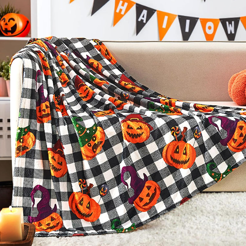 Halloween Blanket, Black Buffalo Plaid Fall Pumpkin Throw Blanket For Couch So