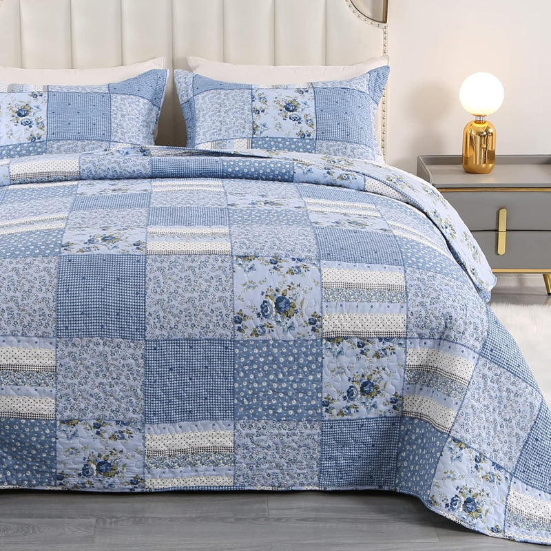 Blue Patchwork Quilt Set Queen Bedspread Queen Size Quilt Quilted Coverlet Rev
