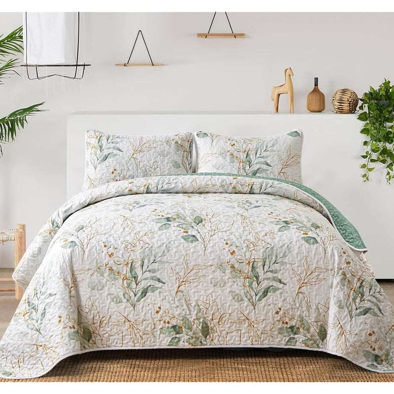 Floral Quilt Queen Size,Green Botanical Queen Quilt 3 Pieces,Reversible Soft B