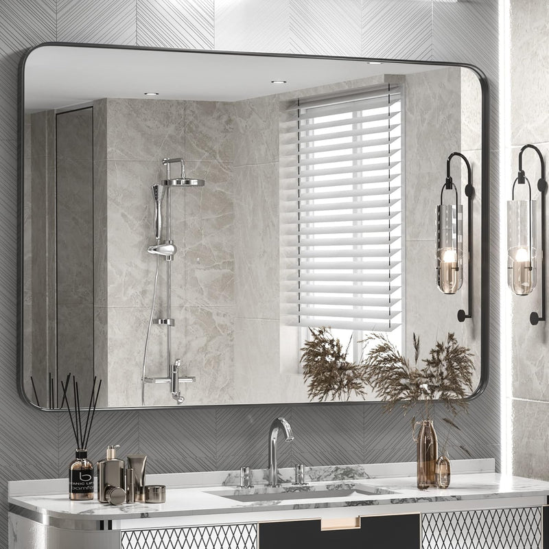 40 X 30 Inch Wall Mirror For Bathroom Black Metal Frame Decorative Rectangular
