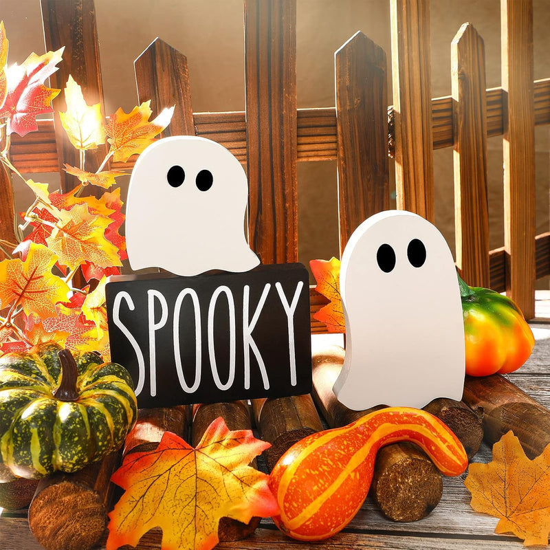 3 Pieces Halloween Ghost Haunted House Tiered Tray Decorations Wooden Ghost Th