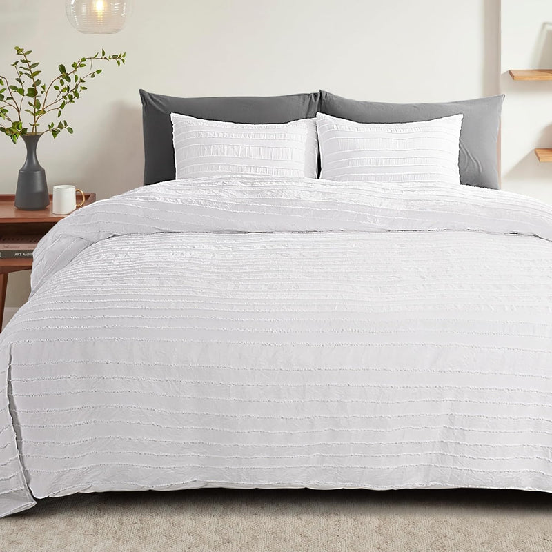 Duvet Cover Queen Size, White 3 Pieces Boho Tufted Duvet Cover Set, Soft And L