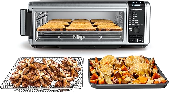 Digital Air Fry Countertop Oven with 8-in-1 Functionality, Flip Up & Away Capability for Storage Space, with Air Fry Basket, Wire Rack & Crumb Tray, Silver