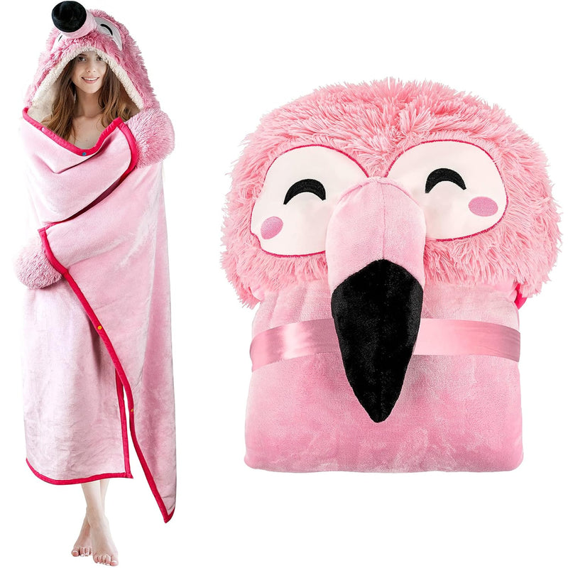 Flamingo Wearable Hooded Blanket For Adults – Pink Fuzzy Super Soft Warm Cozy
