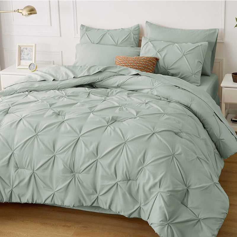 Green Comforter Set Queen - Bed In A Bag Queen 7 Pieces, Pintuck Beddding Sets