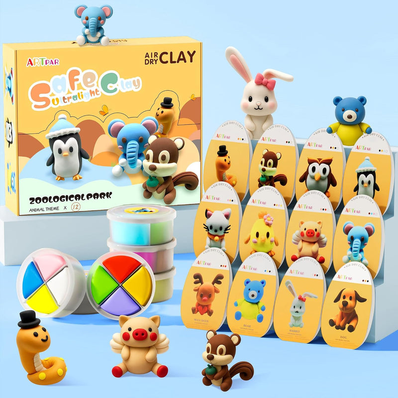 Air Dry Clay Animal Modeling Kit, 12 Piece Set, Kids Art Supplies