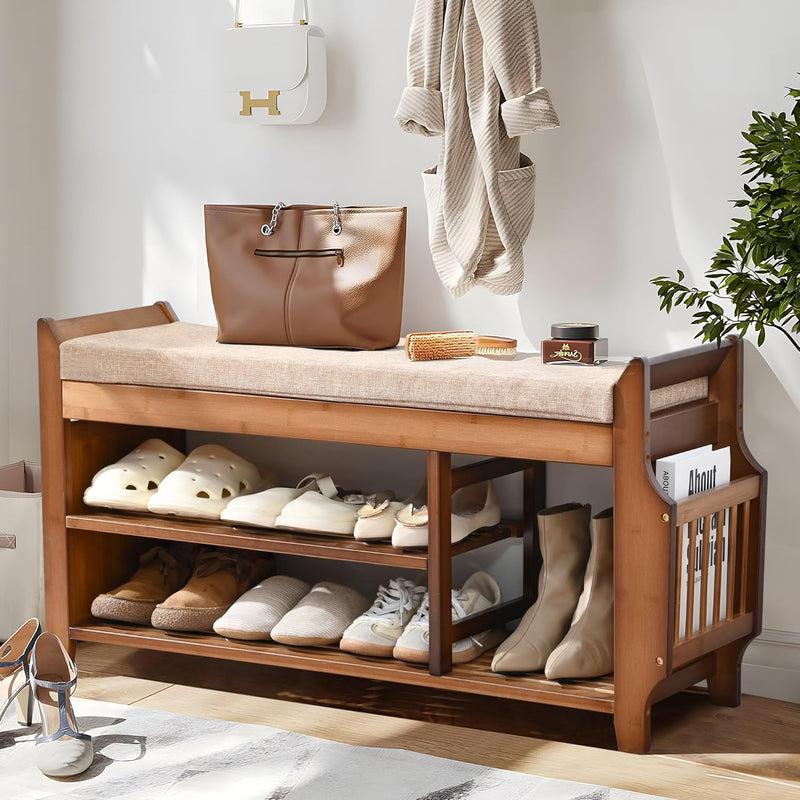2 Tier Shoe Bench, Shoe Rack with Hidden Drawer and Side Holder, Shoe Storage Bench Organizer for Entryway Hallway Living Room, Bamboo Material