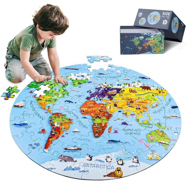 World Map Jigsaw Puzzle For Kids 4 8, 70 Piece Globe Large Round Floor Puzz