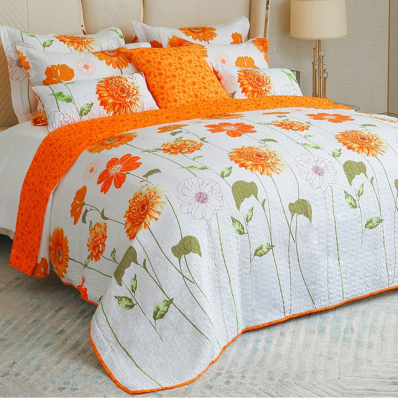 Floral Cotton Quilt Queen Size-3 Piece Orange Sunflower Bedding Set | Reversib