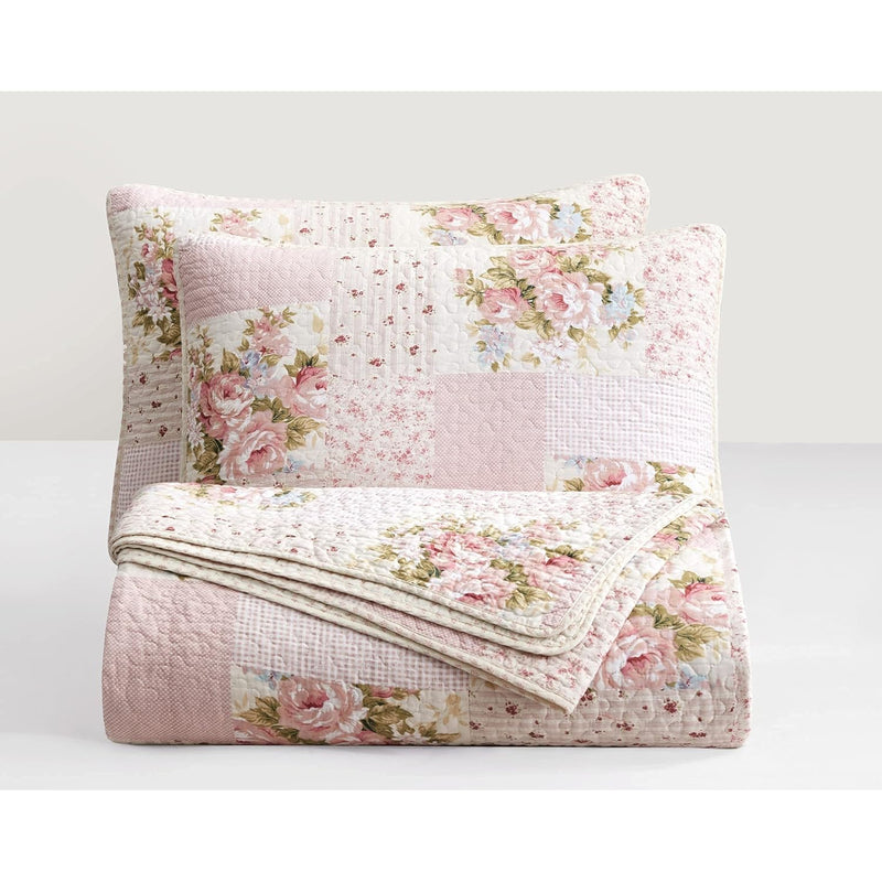 Rosy 3-Piece Printed Patchwork Cotton Quilt Set - Pink Flower Floral Striped P