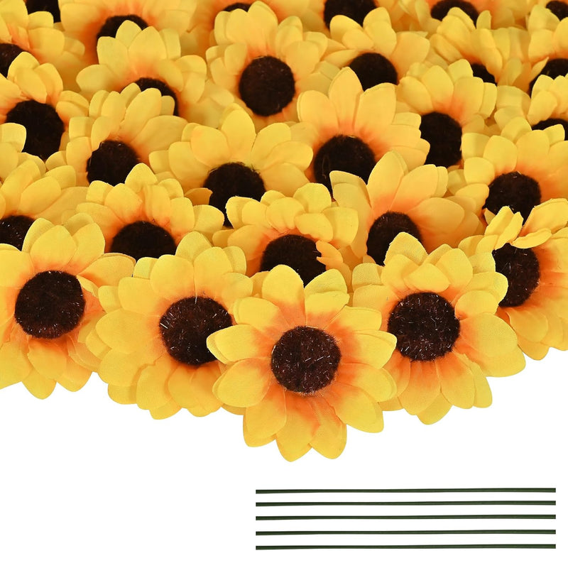 100Pcs Fake Sunflower Heads With Stems, 2.4" Sunflower Artificial Flower Heads