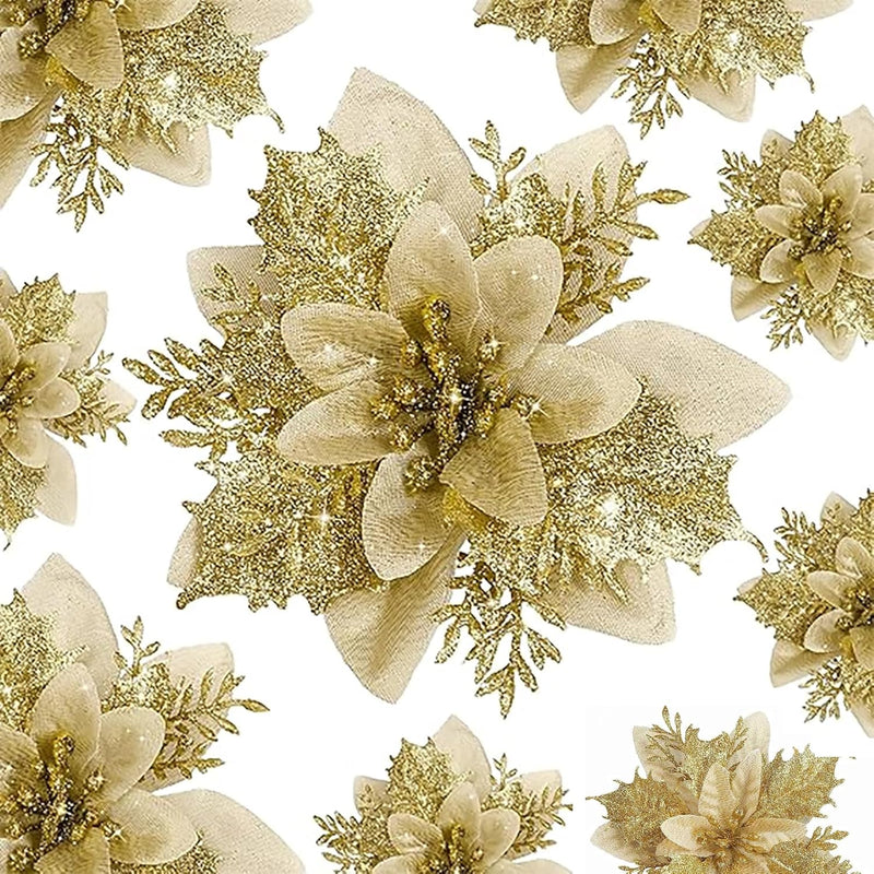 24 Pcs Gold Poinsettia Christmas Tree Decorations -5.5“ Glitter Poinsettia Xma