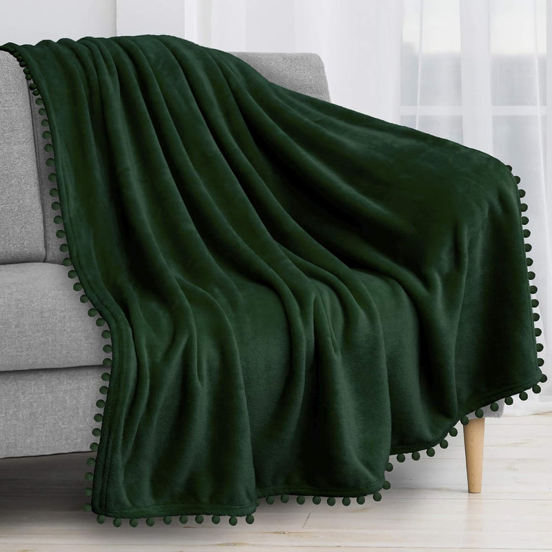 Pom Pom Blanket Throw, Emerald Green Dark | Soft Fleece Pompom Fringe Blanket