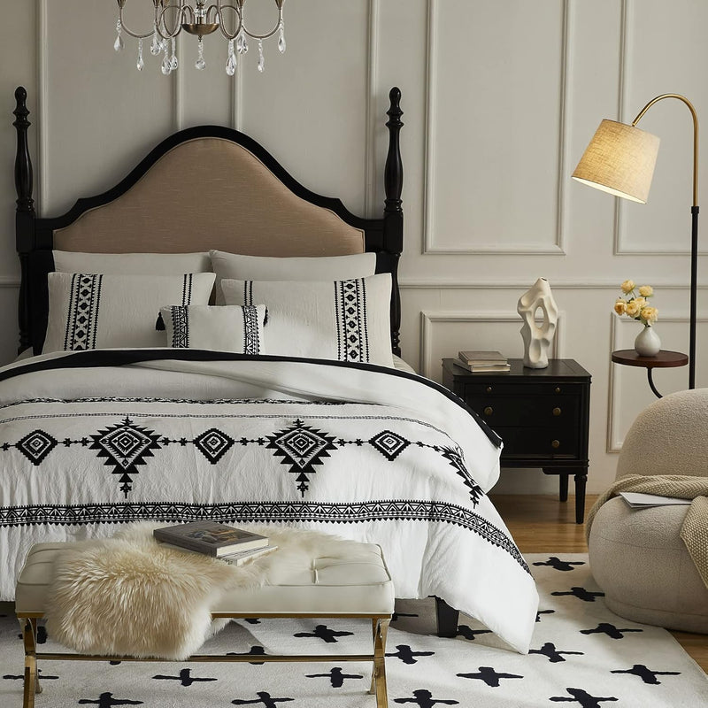 Maireve White Boho Comforter Set Queen 8 Piece With Embroidery, Western Farmho