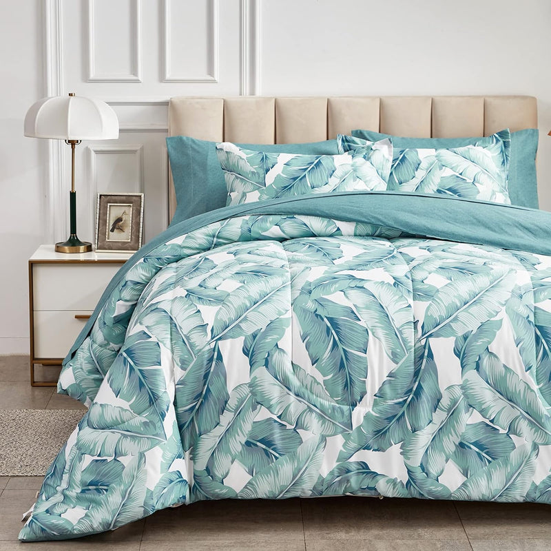 Blue Green Queen Comforter Set With Sheets,Bed In A Bag 7-Pieces,Palm Tree Tot