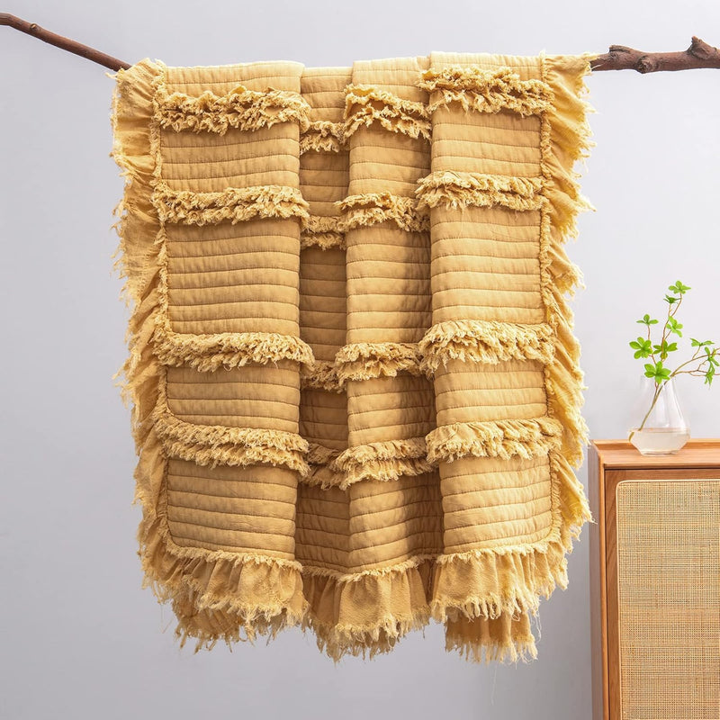 Ultra Soft Pre-Washed Quilted Throw Blanket, Ruffle Fringed Yellow Boho Decora