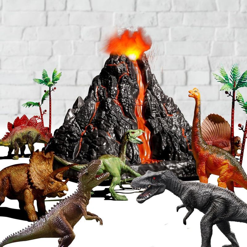 Large Volcano Set With 9 Realistic Dinosaur Action Figures For Kids 2 3 4 5