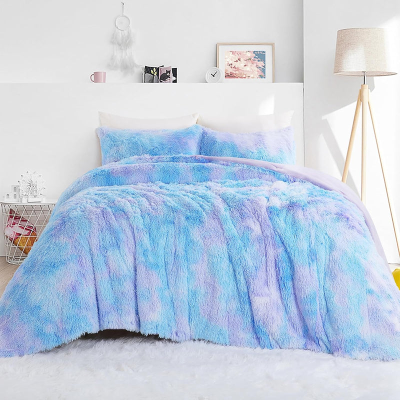 Oversized King Faux Fur Fluffy Comforter Set 120X120, 3 Piece Shaggy Plush Vel