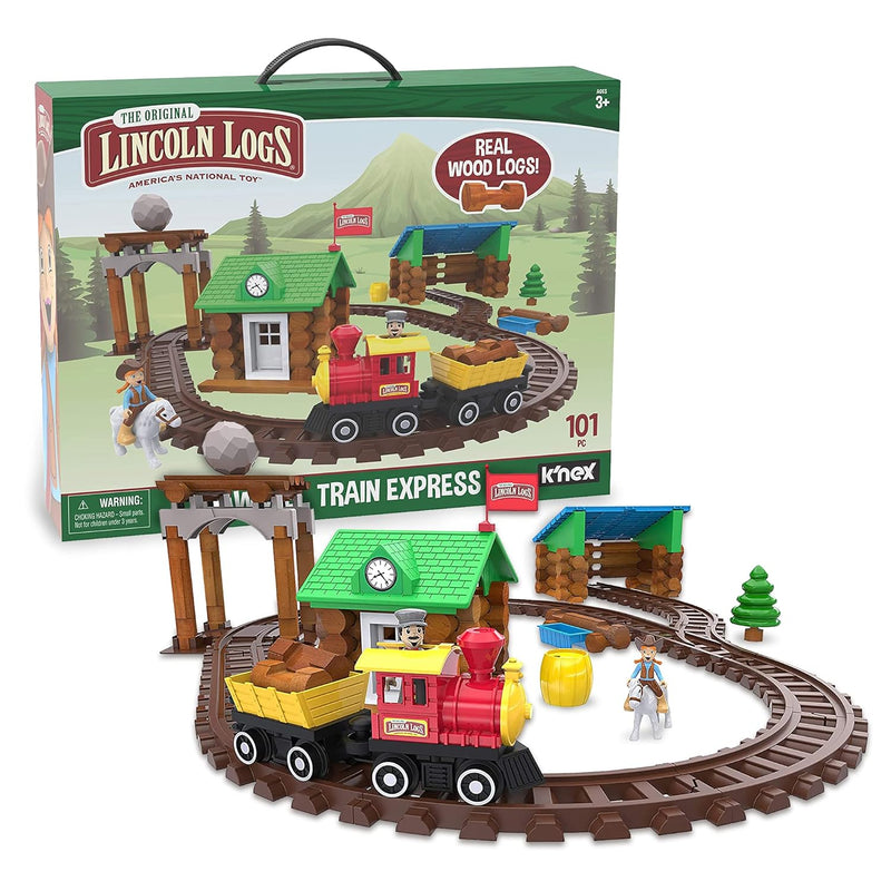 LINCOLN LOGS-Sawmill Express Train - 101 Parts - Real Wood Logs - Buildable