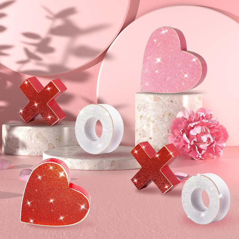 6 Pcs Valentines Day Decor Glitter Heart Shaped Xoxo Decor Wooden Signs - Thic