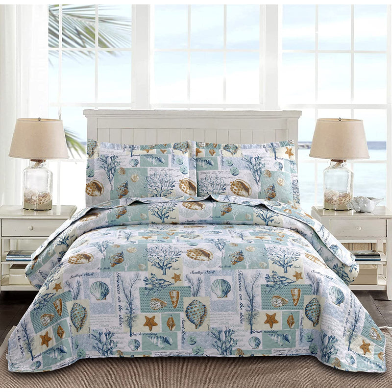 Beach Theme Quilts Set King Size Ocean Conch Seashell Starfish Seaweed Bedspre