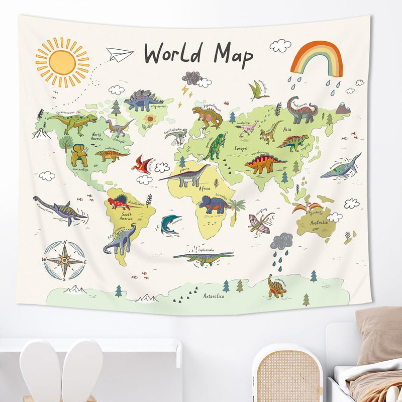 World Map Kids Dinosaur Tapestry 59Wx51H Inches Dino Animal Educational Learni