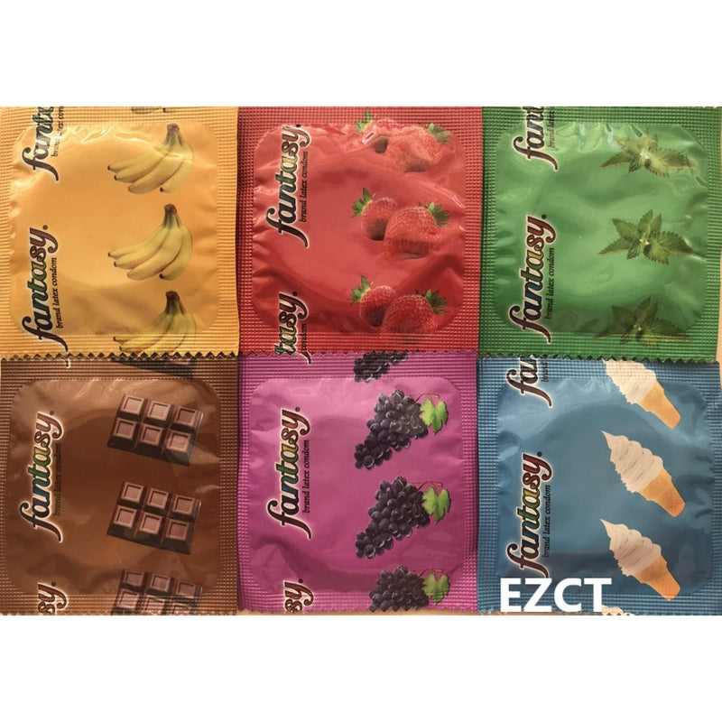 Fantasy Flavored Condoms, 12 Pack - Vanilla, Strawberry, Mint, Grape, Chocolate, Banana