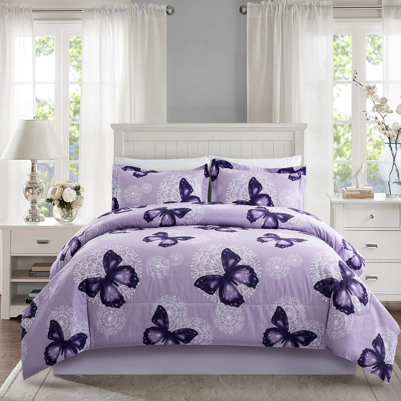 Lightweight Microfiber 3 Piece Comforter Set With 2 Shams, Butterfly Pattern Bedding Set, Full/Queen, Purple