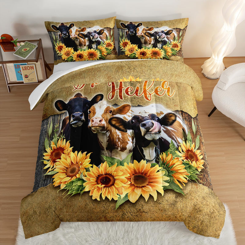 Farmhouse Animal Cow Comforter Western Bedding Sets Queen,Sunflower Comforter