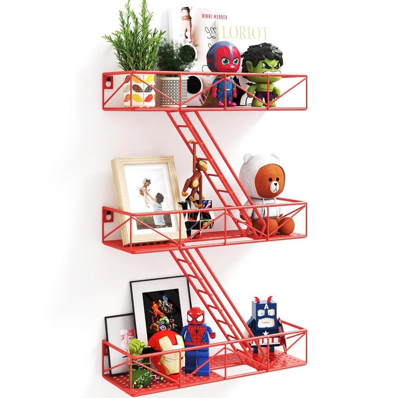 Fire Escape Wall Shelf With Basket, 3-Tier Red Fire Escape Ladder Shelf Wall O