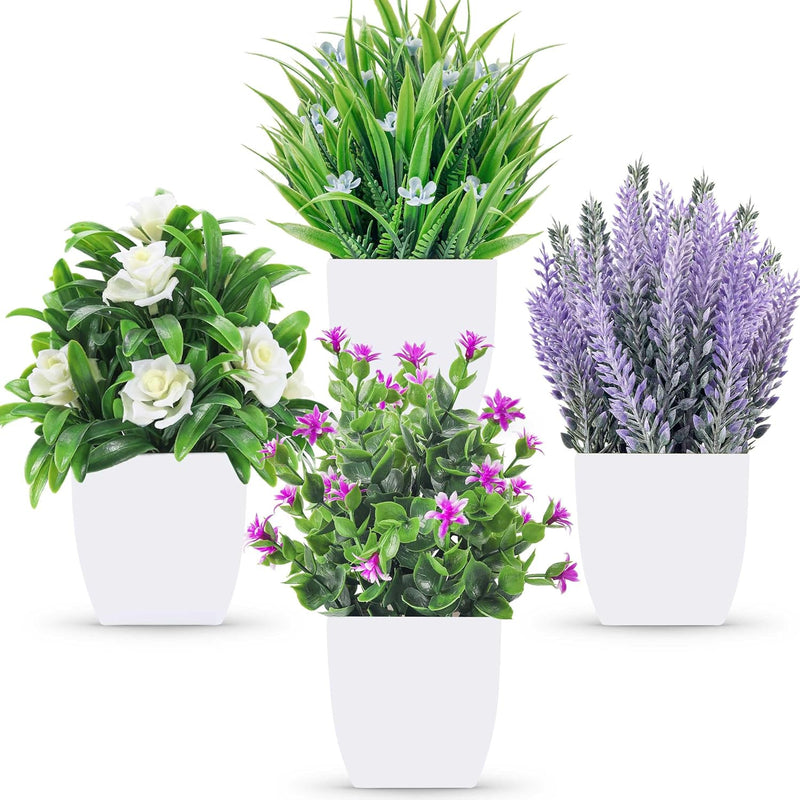 4 Packs Fake Plants Small Artificial Potted Faux Plants With Flowers For Home