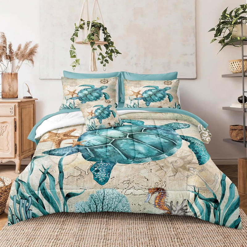 Turtle Comforter Set 6 Pieces Bed In A Bag Ocean Themed Bedding For Kids Boys