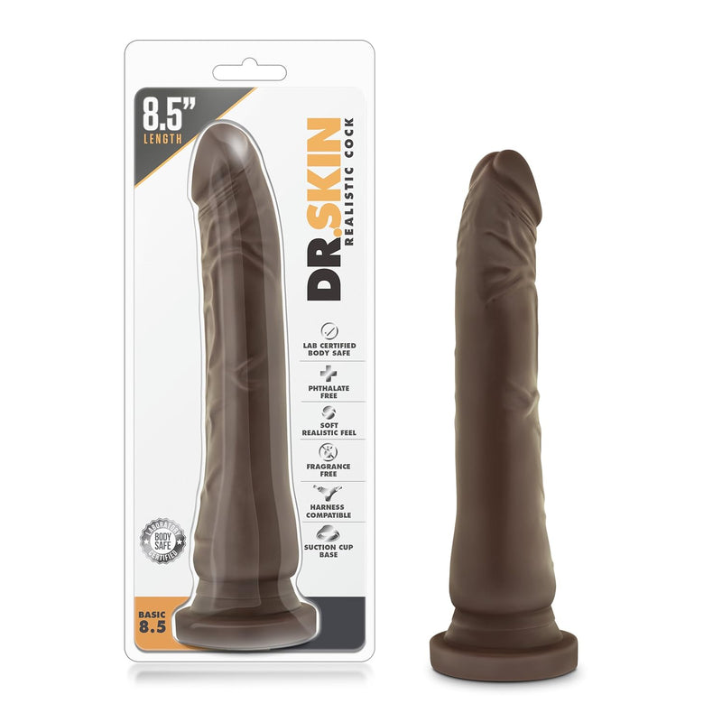 Dr Skin - 8.5 Inch Long Real Feel Soft Dildo - Slim 1.5 Inch Width - Strap On Harness Compatible Suction Cup For Hands Free Play - Body Safe Adult Sex Toy For Couples - Chocolate