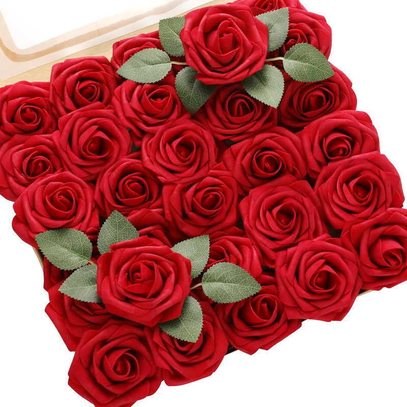 60Pcs Artificial Roses Flowers With Stem And 10Pcs Green Leaves Real Looking F