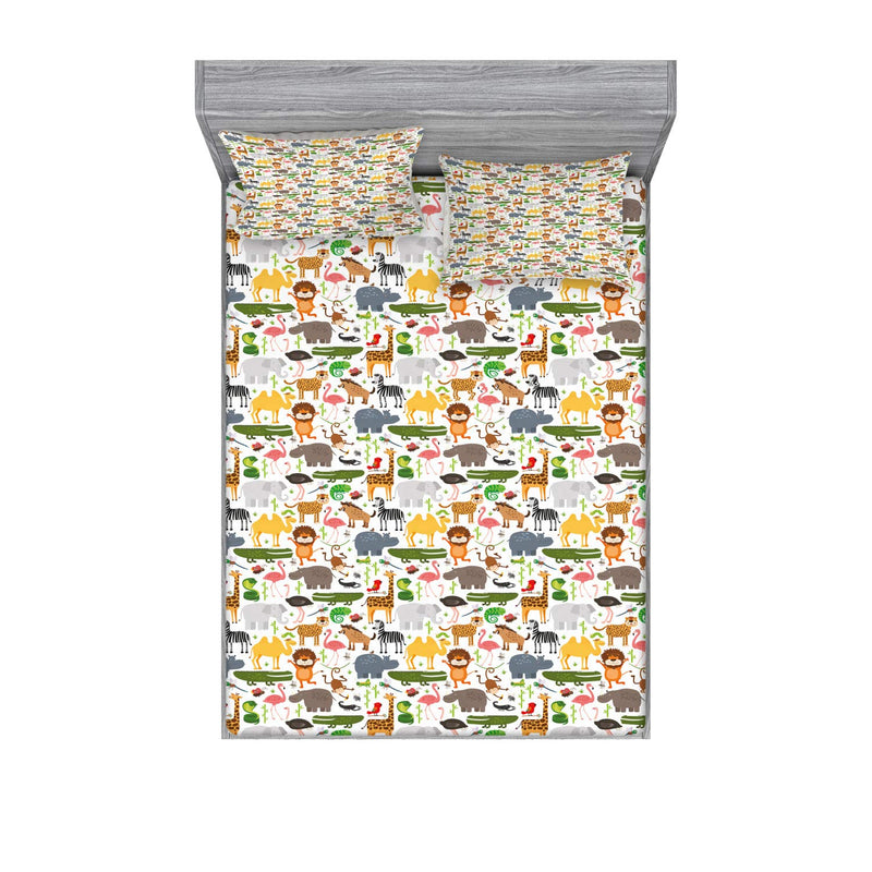Safari Fitted Sheet & Pillow Sham Set, Cartoon Style Animal Pattern Safari The