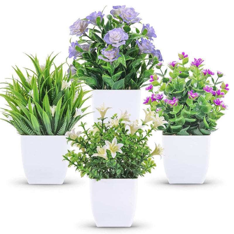 4 Packs Small Fake Plants Mini Artificial Faux Plants With Flowers For Home Ro